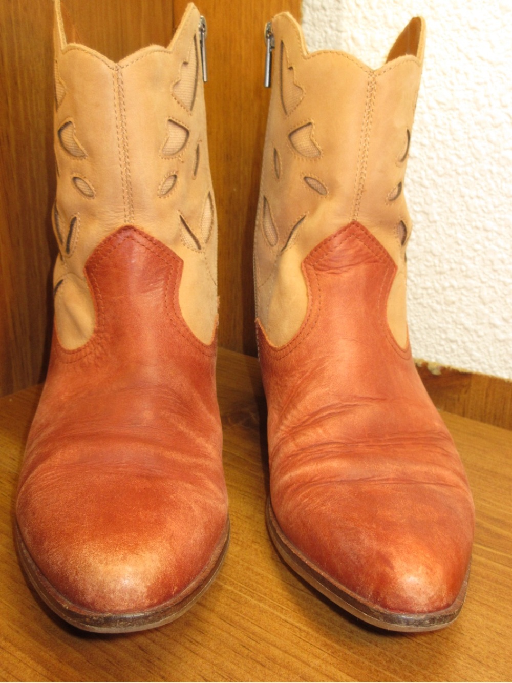 Lucky Brand Two-Tone Tan and Brown Western Zip Ankle Boots